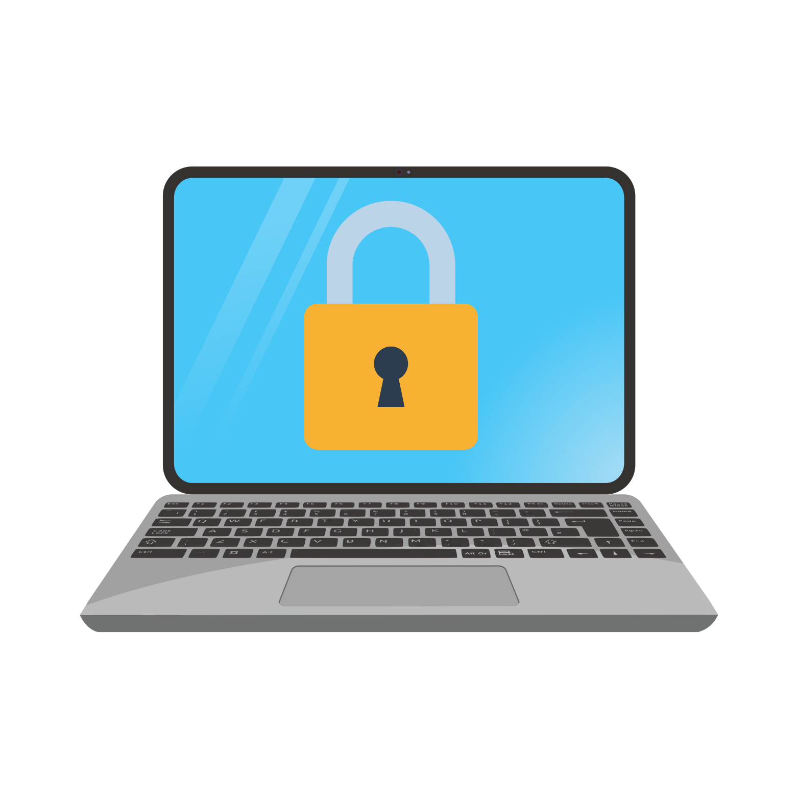 Laptop computer with a blue screen displaying a large padlock symbol, indicating security or privacy lock.