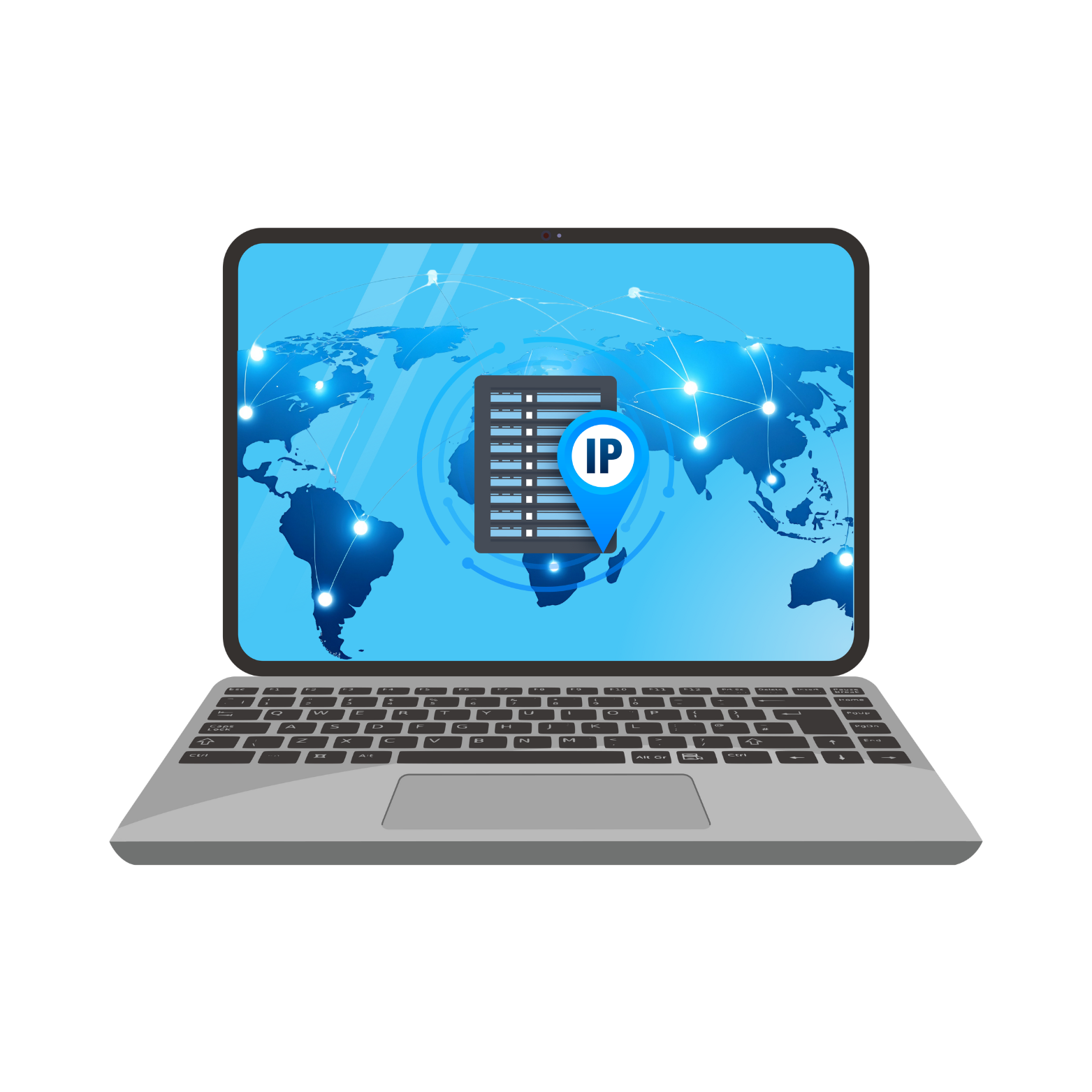 Digital illustration of a laptop displaying a world map with interconnected nodes, a server icon with an IP label, representing global internet or network security.