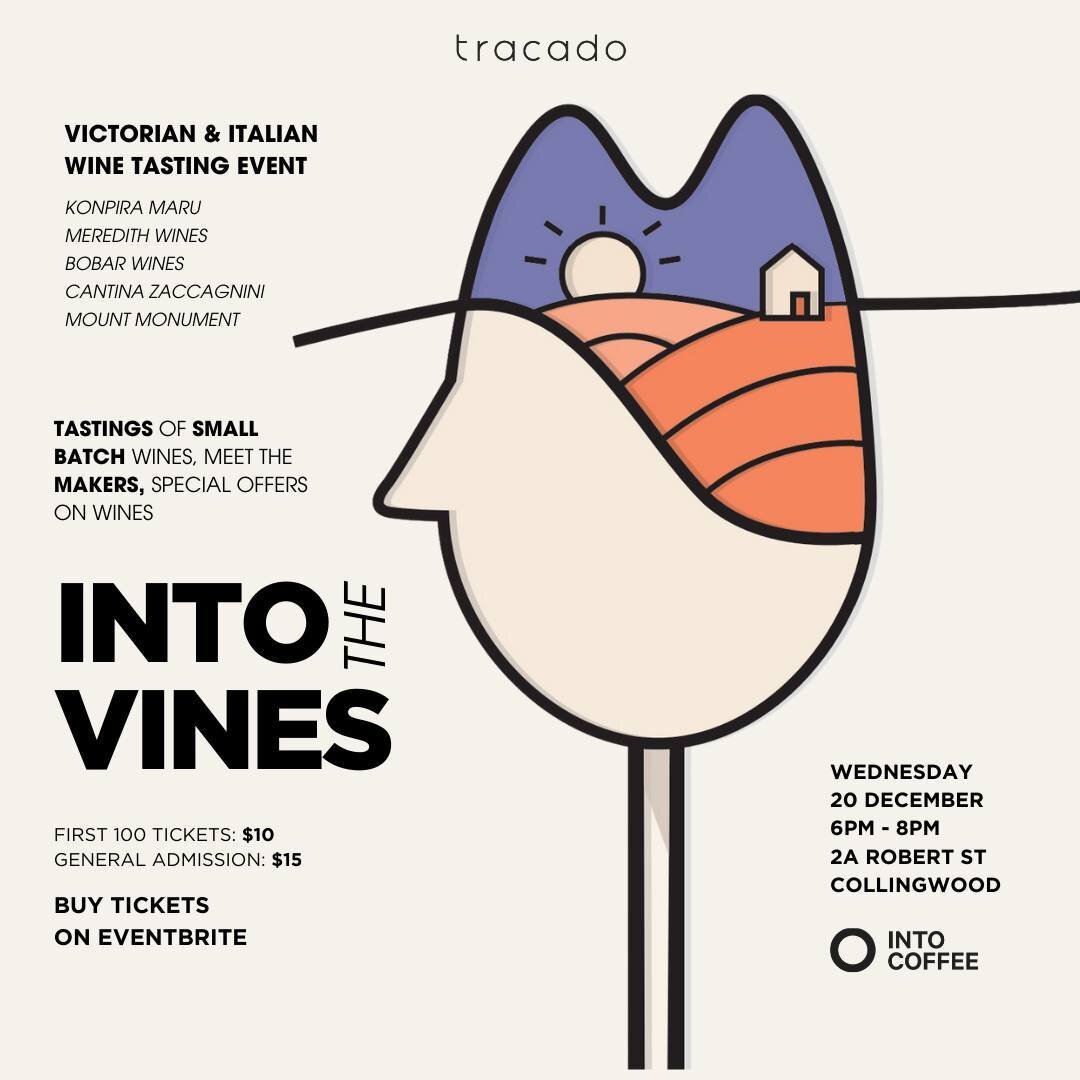 Into The Vines is back this Wednesday 6pm-8pm at Into Coffee 2A Robert St Collingwood! ⁠
⁠
Perfect for stocking up for Summer/Christmas Pressies/Xmas lunch!⁠
⁠
5 Wineries | 15+ Wines on Tasting | @stoneandcrowcheese grazing board and cheeses⁠
⁠
Tix $