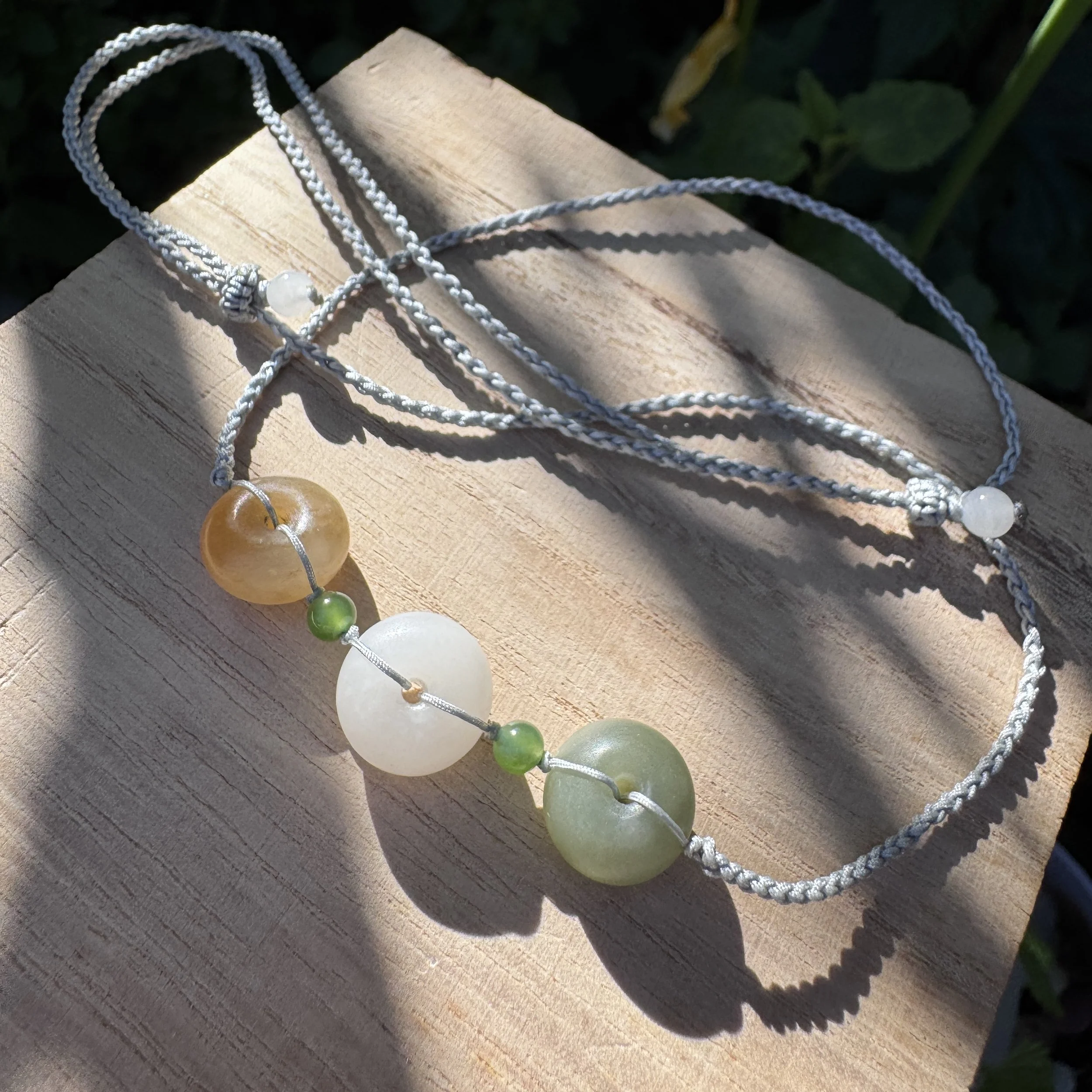 Dainty Hand braided jade charm necklace- high quality mini Hetian nephrite donuts