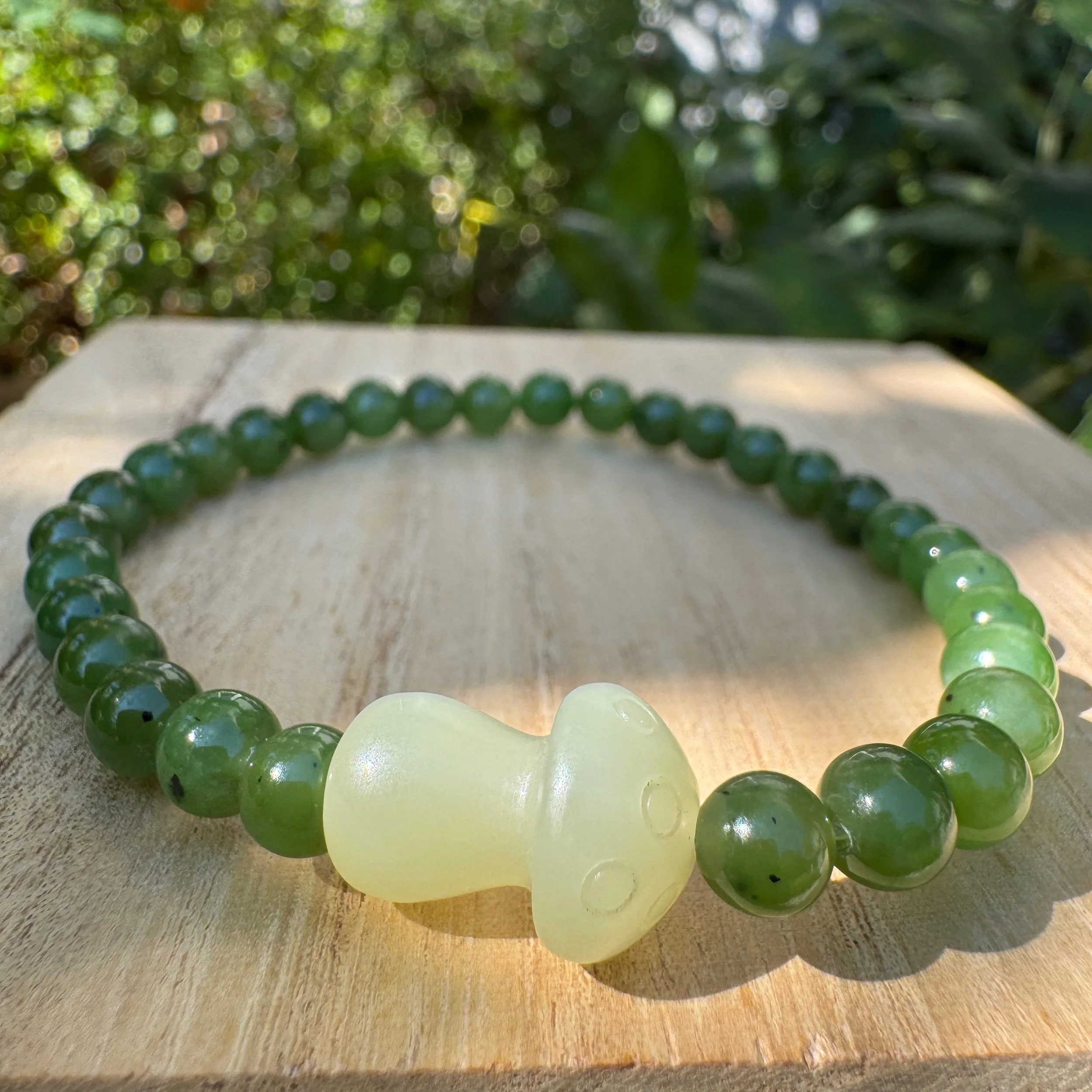 Natural Hetian Green Nephrite Bead Bracelet with Celadon green Jade Mushroom