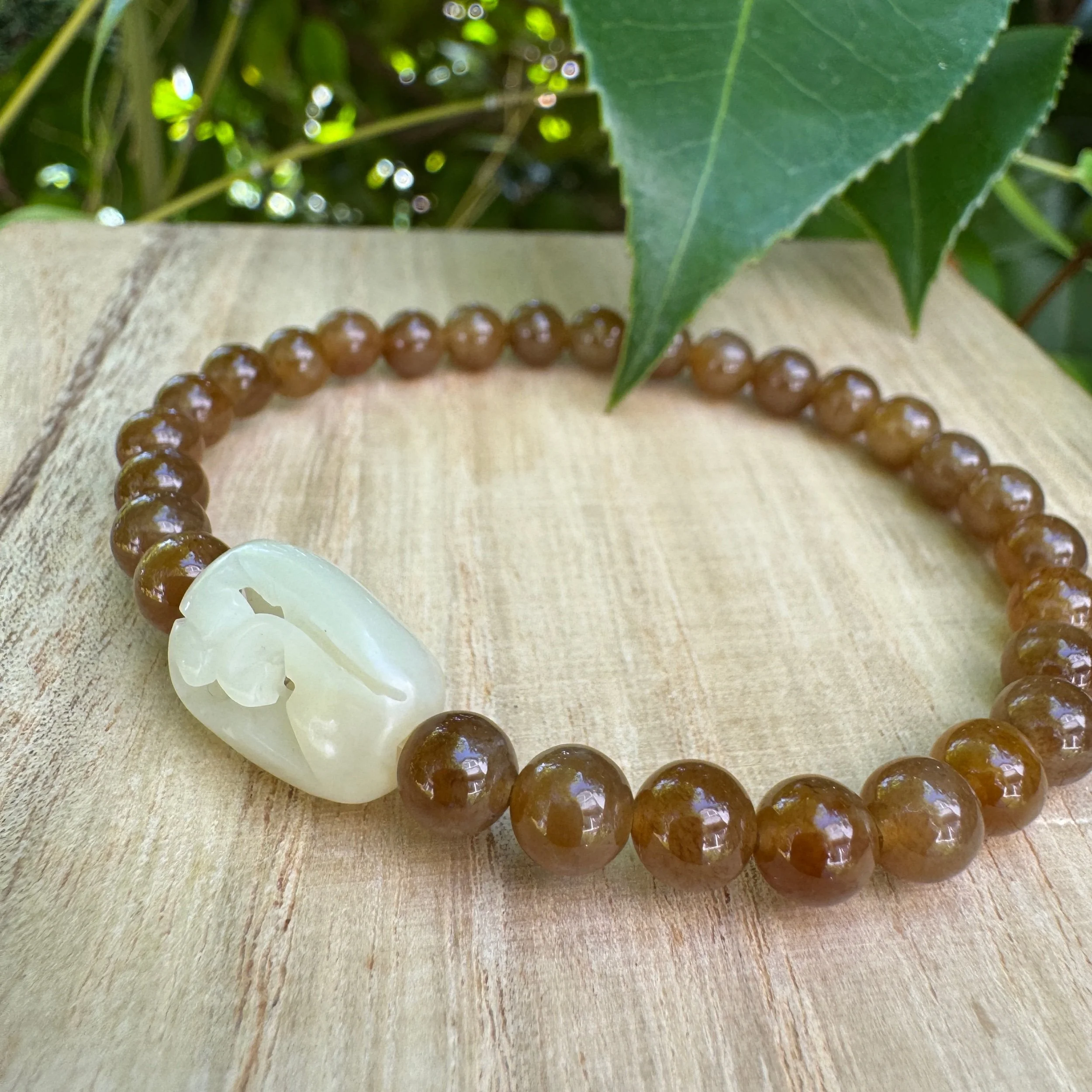 Natural Xinjiang Hetian Sugar Jade 6mm beads Bracelet with Hetian white jade charm