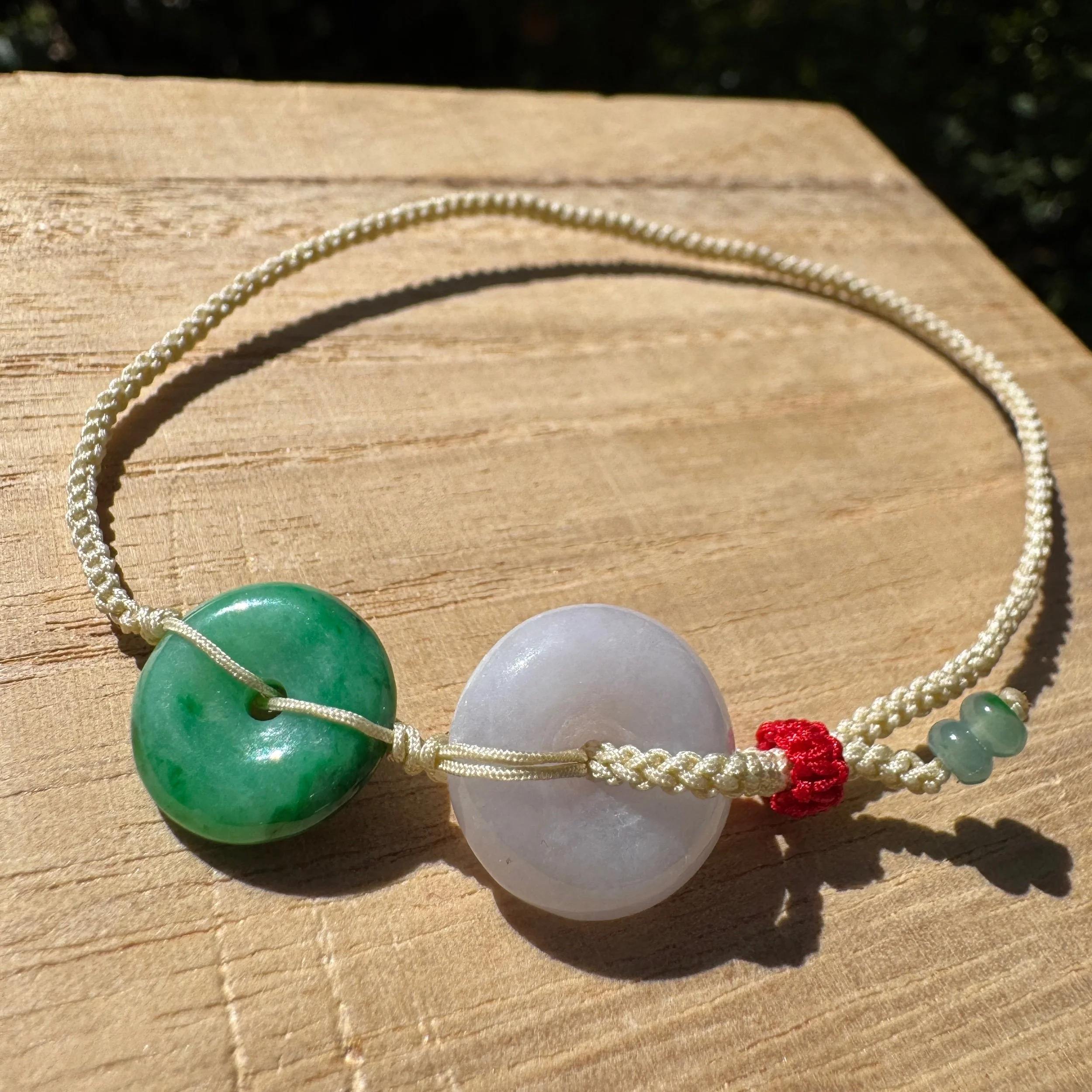 Hand-Braided Natural Myanmar Jadeite Double Donut Adjustable Bracelet