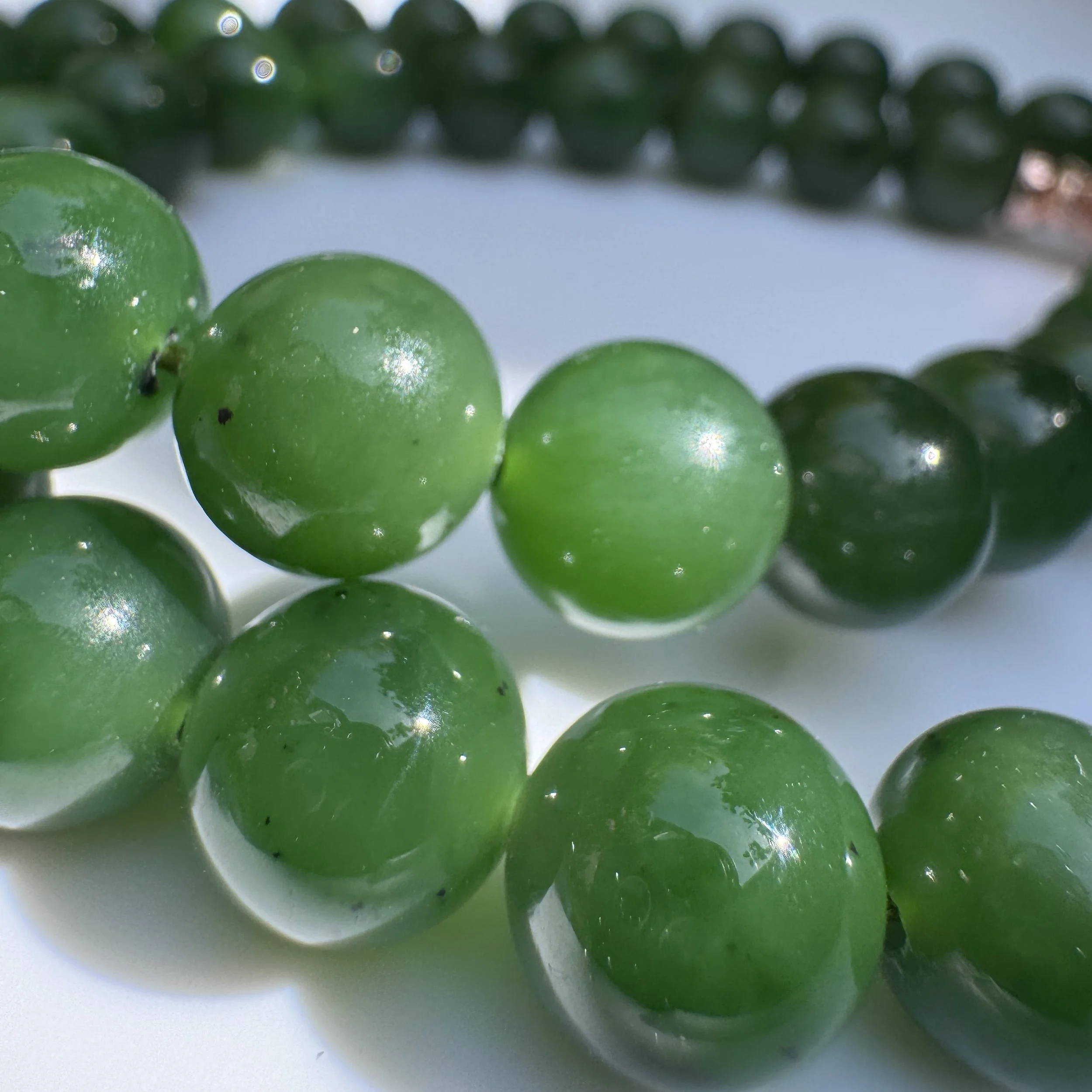 Green nephrite Jade beads(9.6mm) necklace-Genuine natural untreated Jade choker (18inch)  - High quality Siberian green nephrite jade