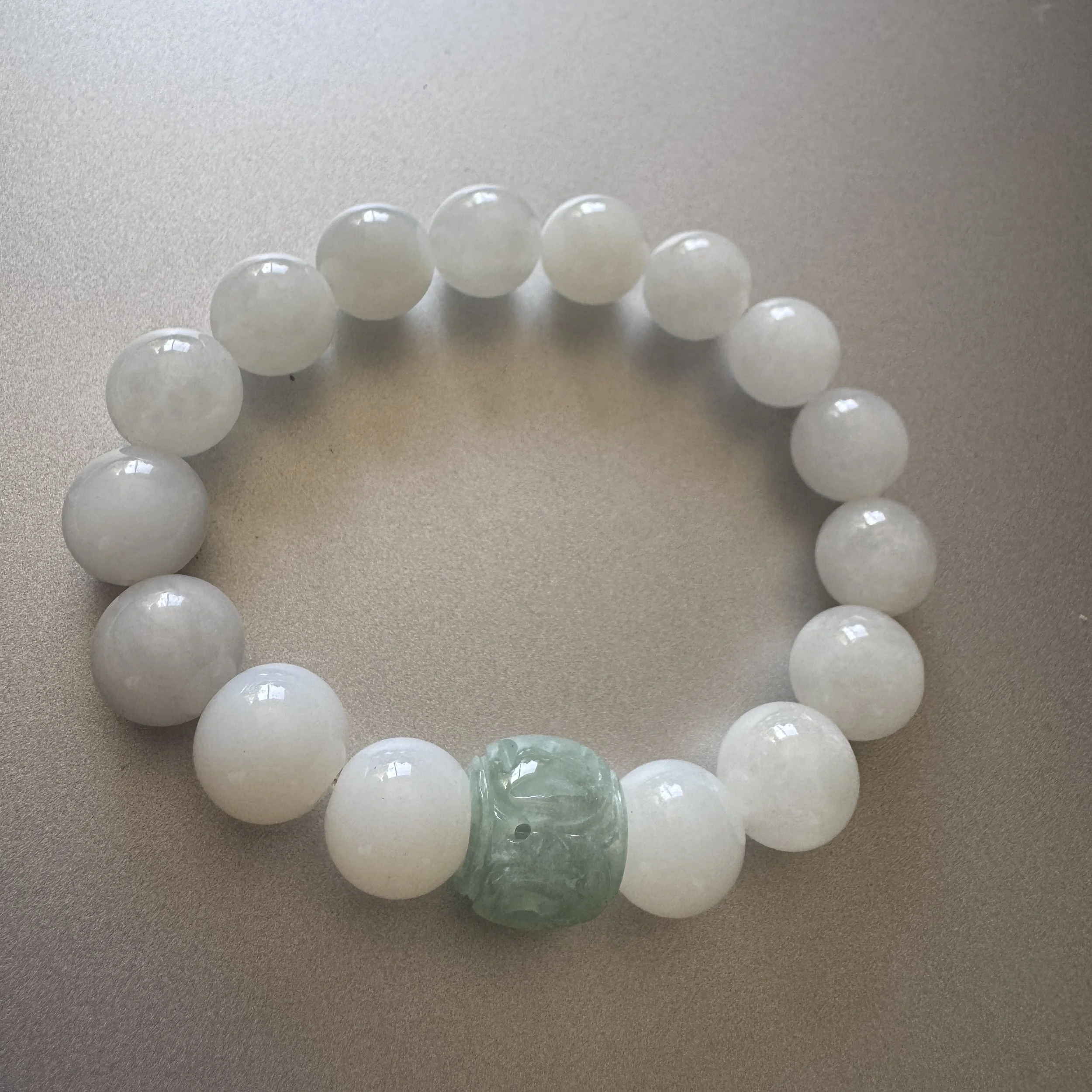 Genuine Jade bracelet- Hetian pure snow white nephrite jade round beads(12mm)- Type A Myanmar icy jadeite exquisite hand carved charm (14mm)