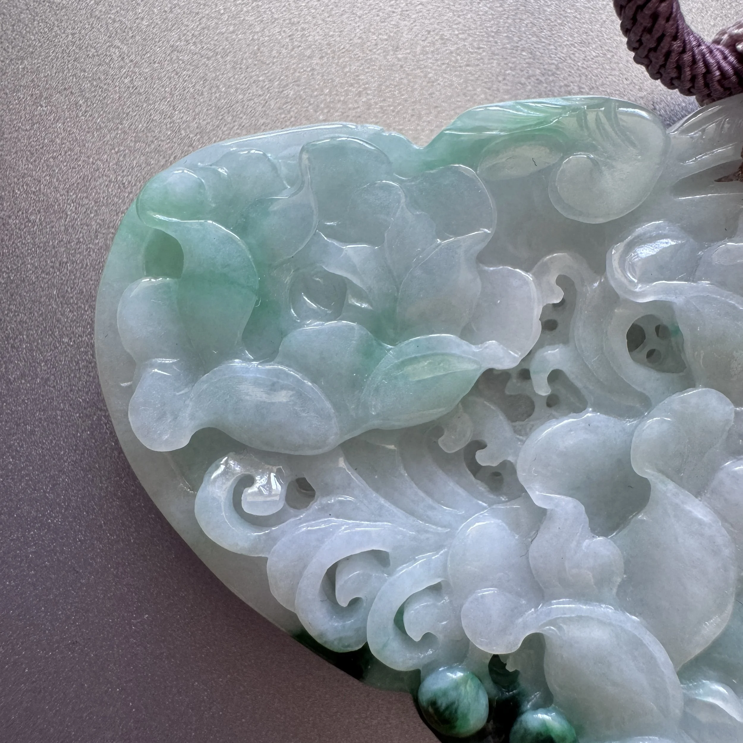 Unique large exquisite double side hand carved Myanmar jadeite pendant- Ruyi