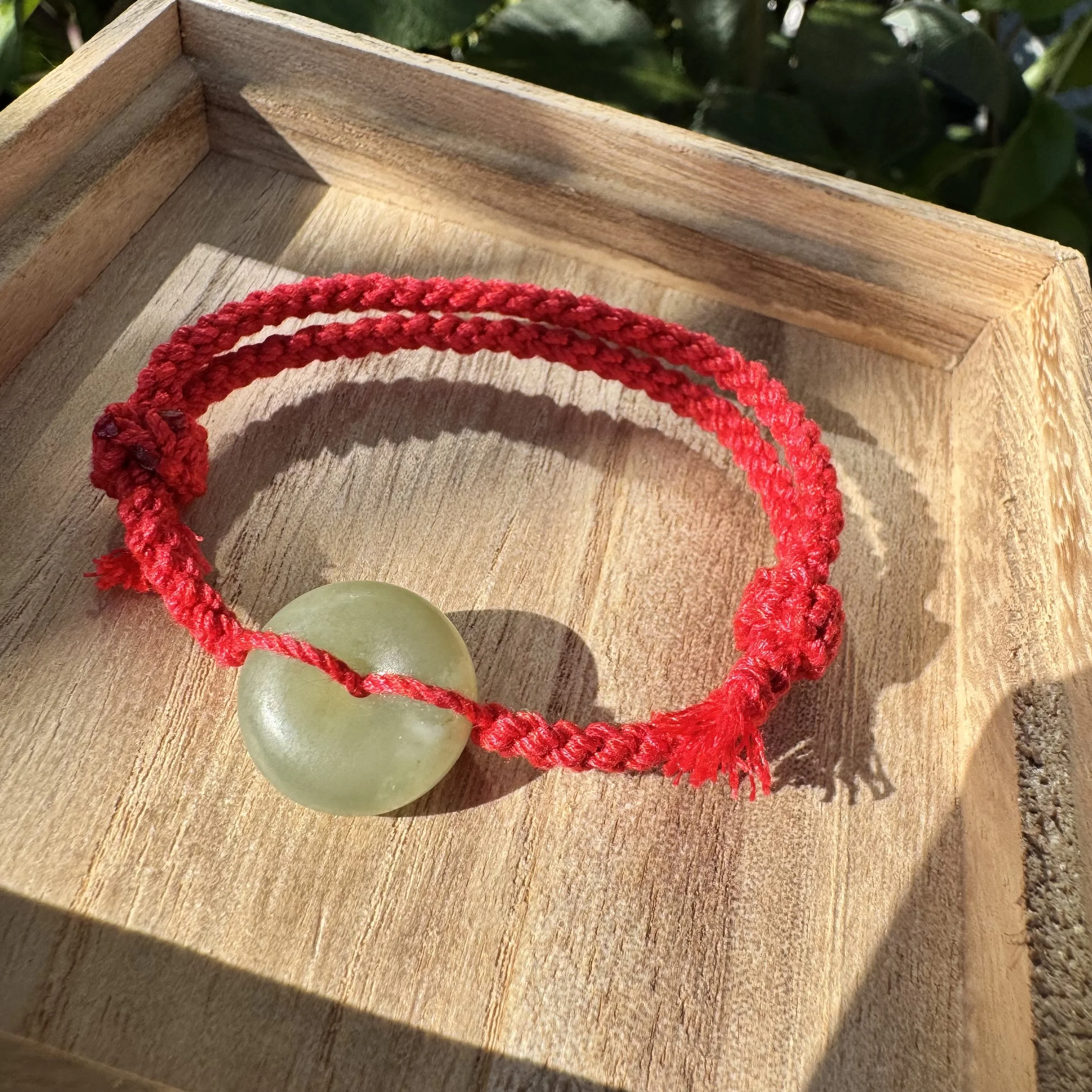 Lucky red bracelet ~ Hetian olive green nephrite donut shape charm (17.6mm)-Hand braiding