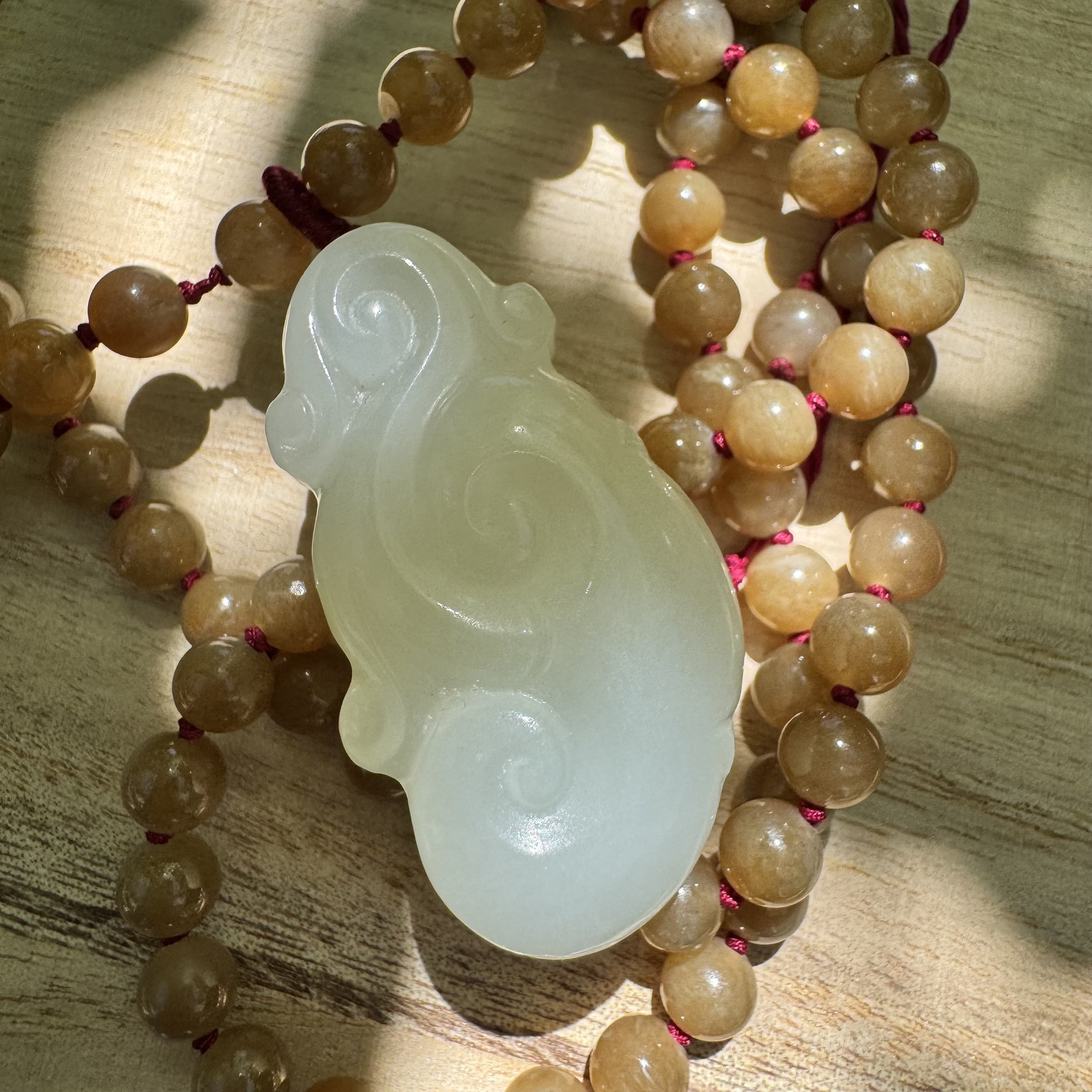 Hetian white nephrite jade Ruyi pendant & sugar nephrite jade beads necklace
