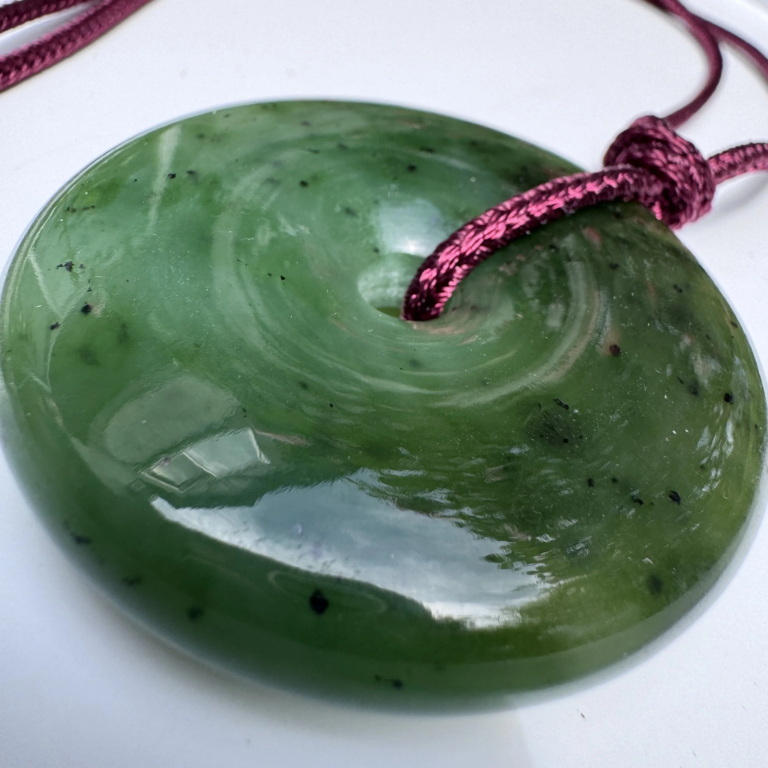 Natural Canadian BC Green Nephrite Jade Large "Ping An Kou" Donut Pendant (47.9mm）