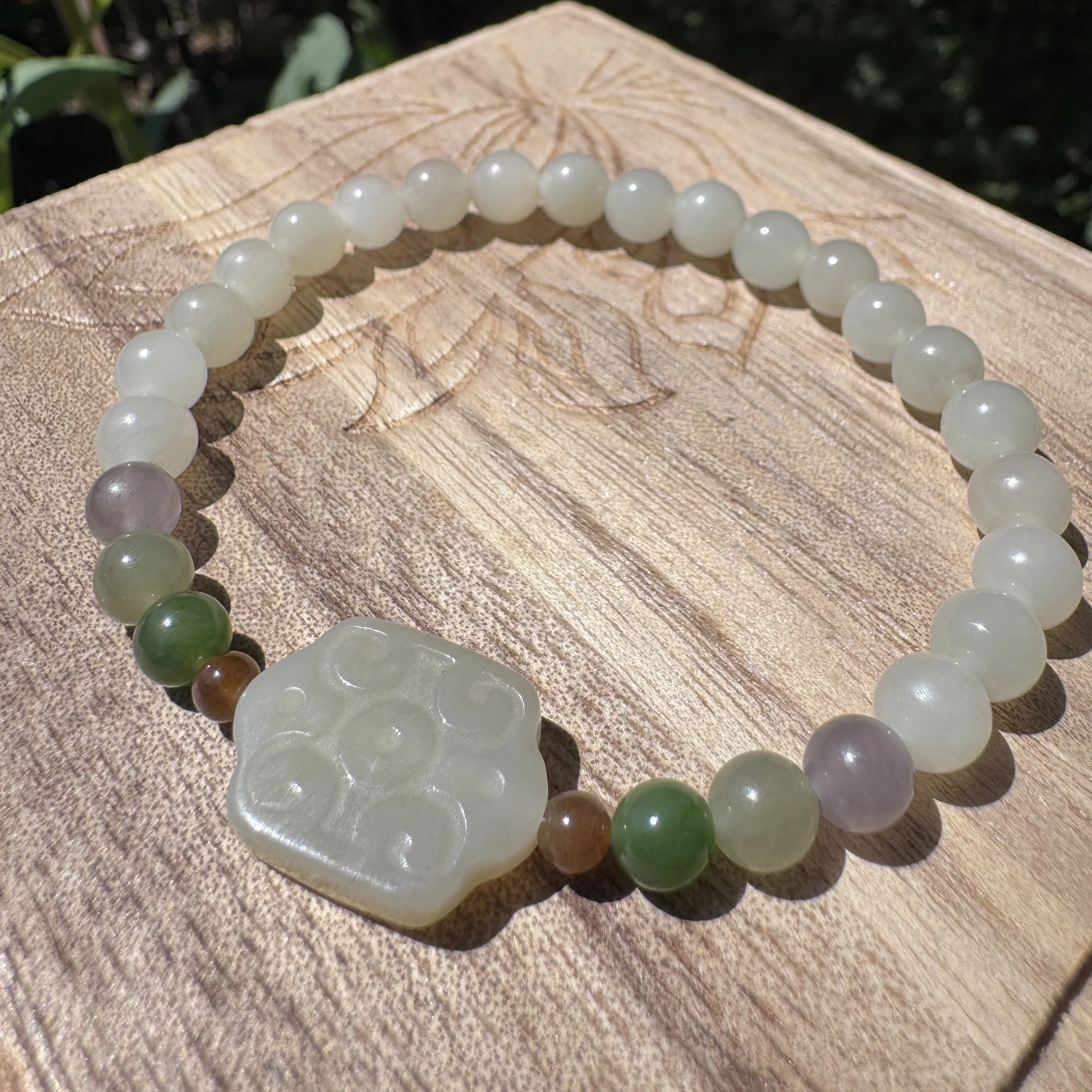 Natural Hetian Nephrite Jade Multi-Color Bead (6.5) Bracelet with Hand Carved Ruyi Cloud Charm