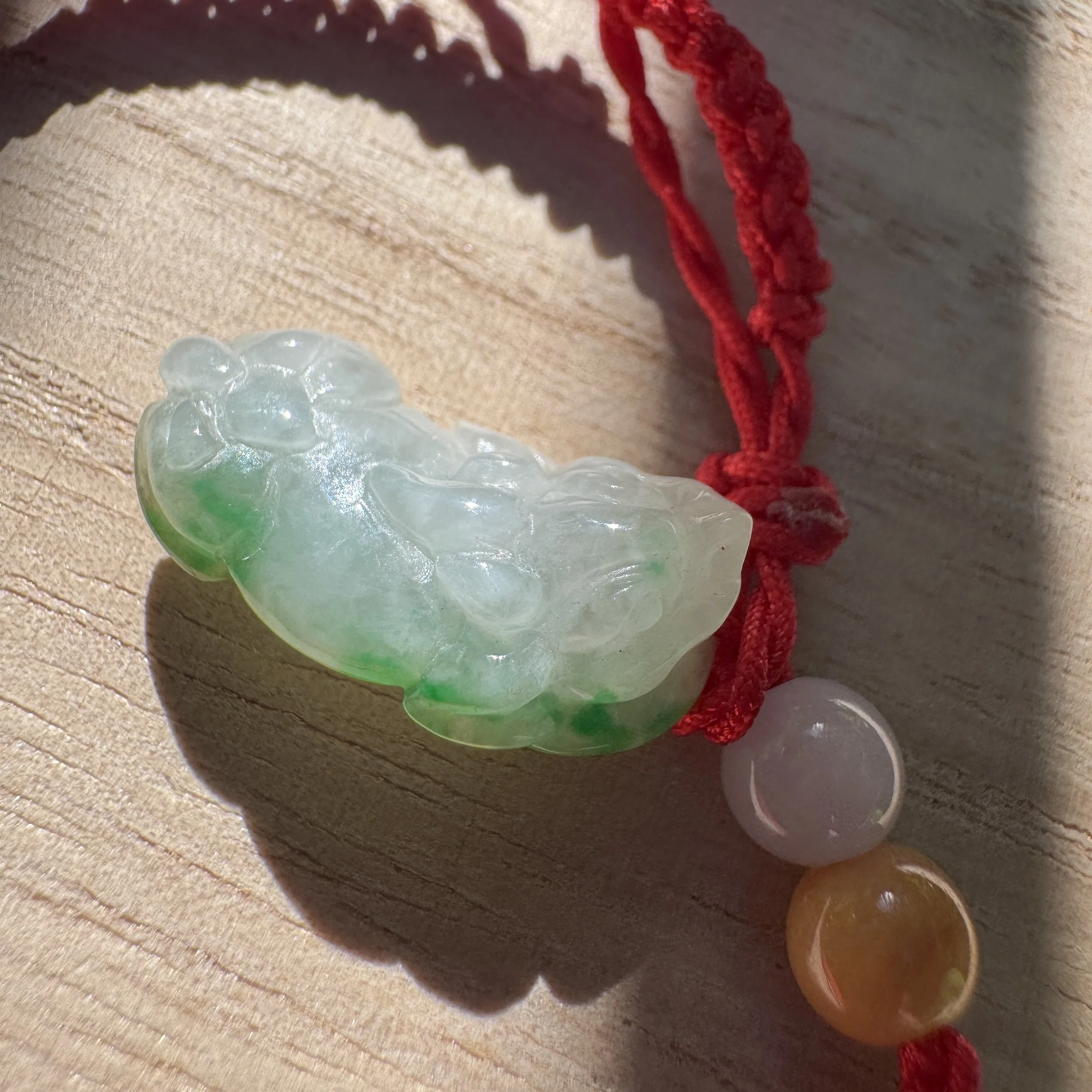 Feng shui Hand braided red bracelet- Genuine  untreated Type A Myanmar jadeite charm -Pixiu (貔貅）