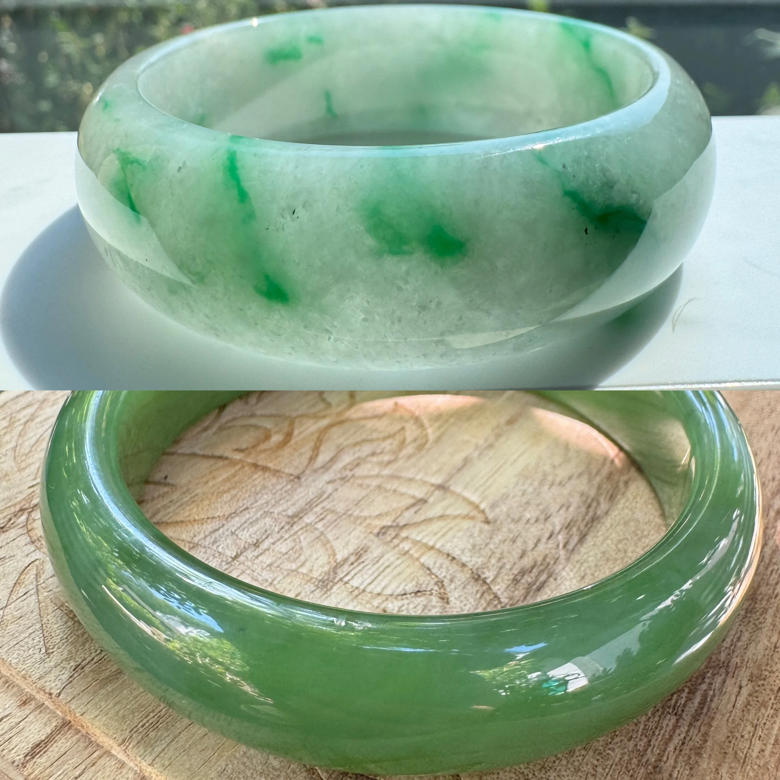 jadeite bangle with green and nephrite bangle with green