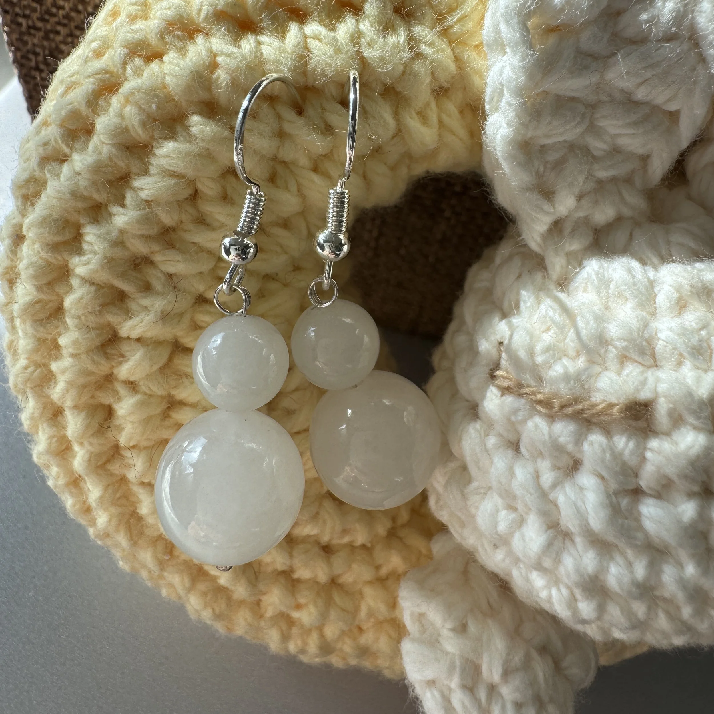 Jade earrings- Top quality Hetian mutton fat white nephrite beads- sterling silver