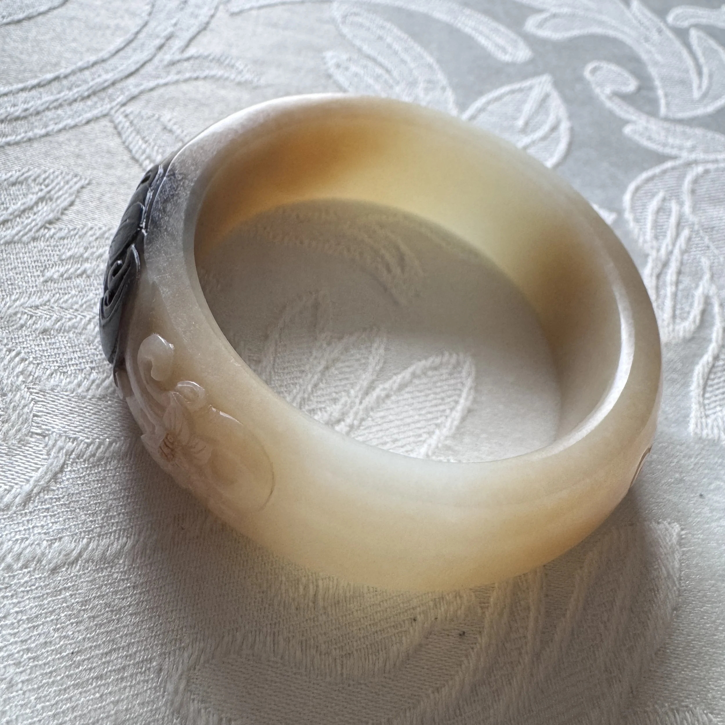 Jade bangle bracelet (57.7mm)-High quality Hetian sugar cobblestone river  nephrite with heavily natural vulcanized rock skin-exquisite hand  carved