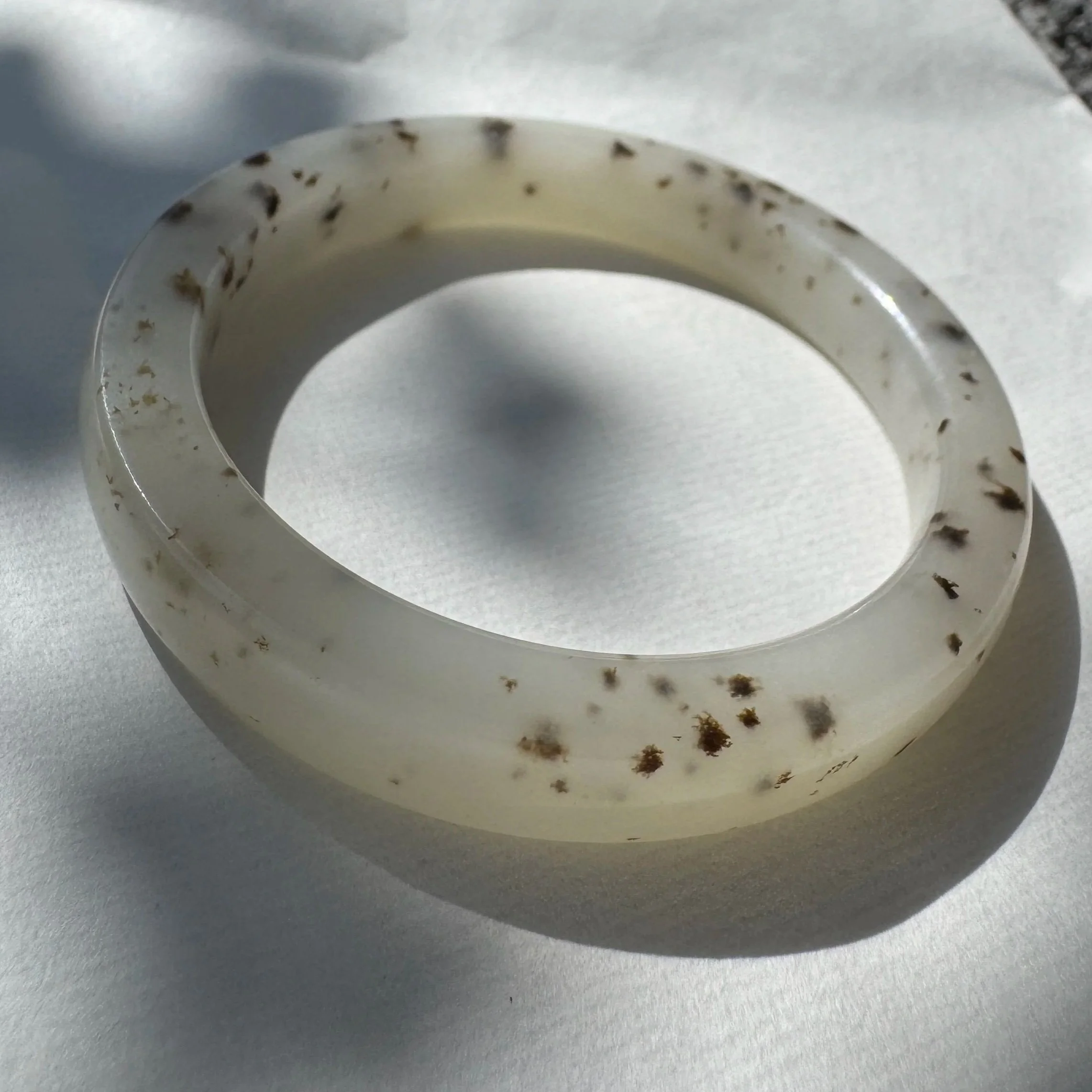 Genuine certified  Hetian white nephrite jade bangle bracelet  (54.5mm)- unique organic seaweed inclusions