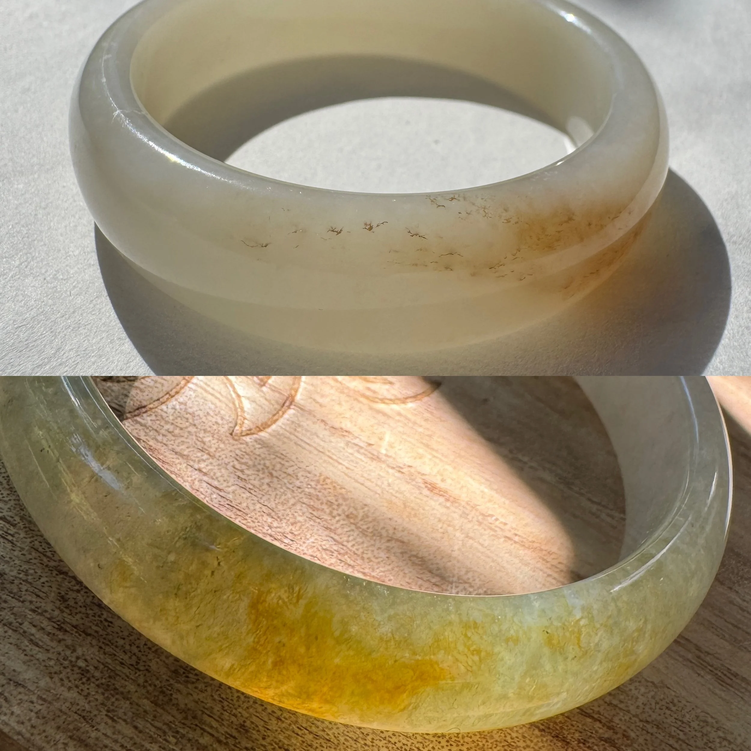 The compare of nephrite jade and jadeite bangles