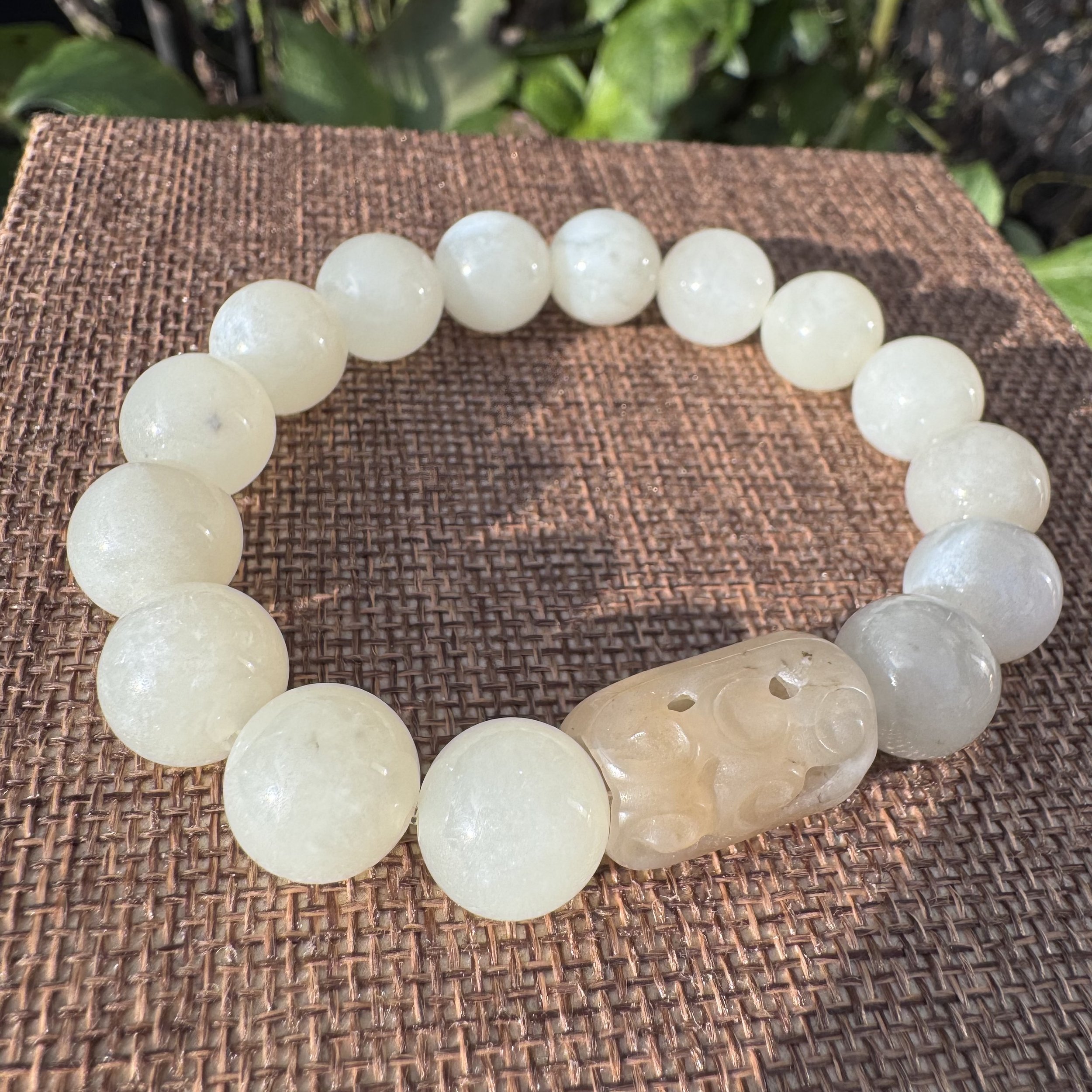 Jade Bracelet- Hetian Nephrite jade beads ( 12 mm) with Lulu Tong Charm