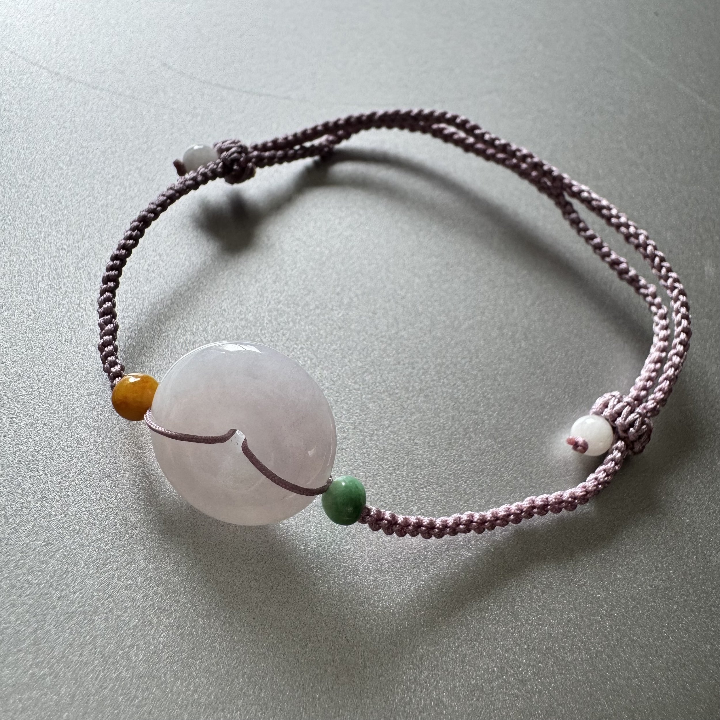 Jade charm hand braided bracelet -Myanmar lavender jadeite donut charm