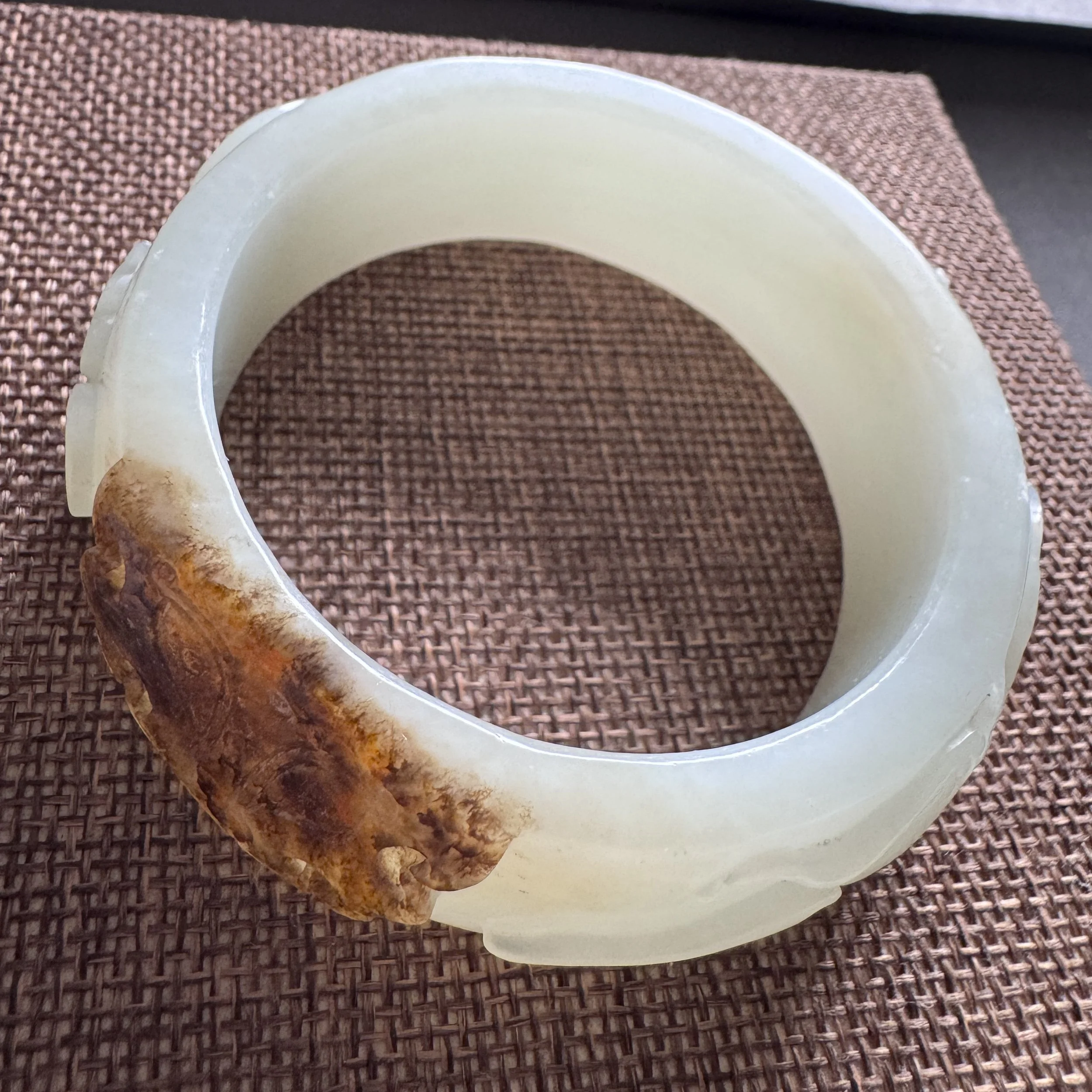 Jade bangle bracelet (57.3 mm)-Hand carved -  High  grade Hetian cobblestone white river nephrite- with heavy natural vulcanized dark brown rock skin