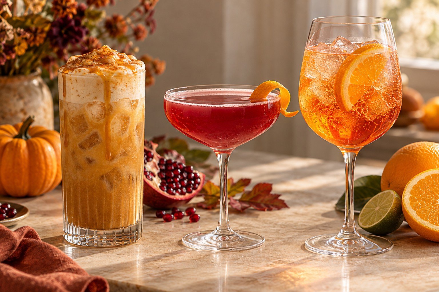 Sober October mocktails: pumpkin cream soda with caramel cold foam, pomegranate Cosmo with an orange twist, and alcohol-free orange spritz.