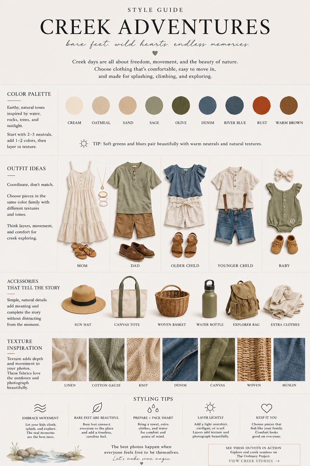 Creek adventure family photo outfit ideas with linen denim and earth tones