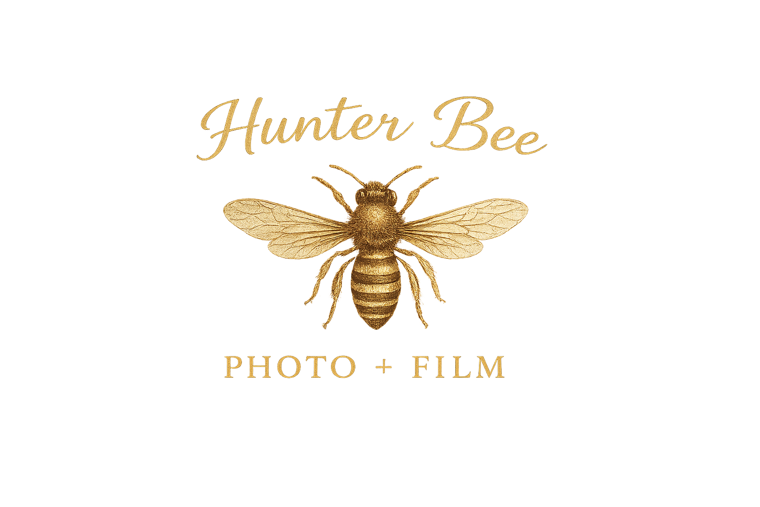 A black poster with a golden bee in the center. Above the bee, the text says 'Hunter Bee' in cursive. Below the bee, it says 'Photo + Film' in capital letters.