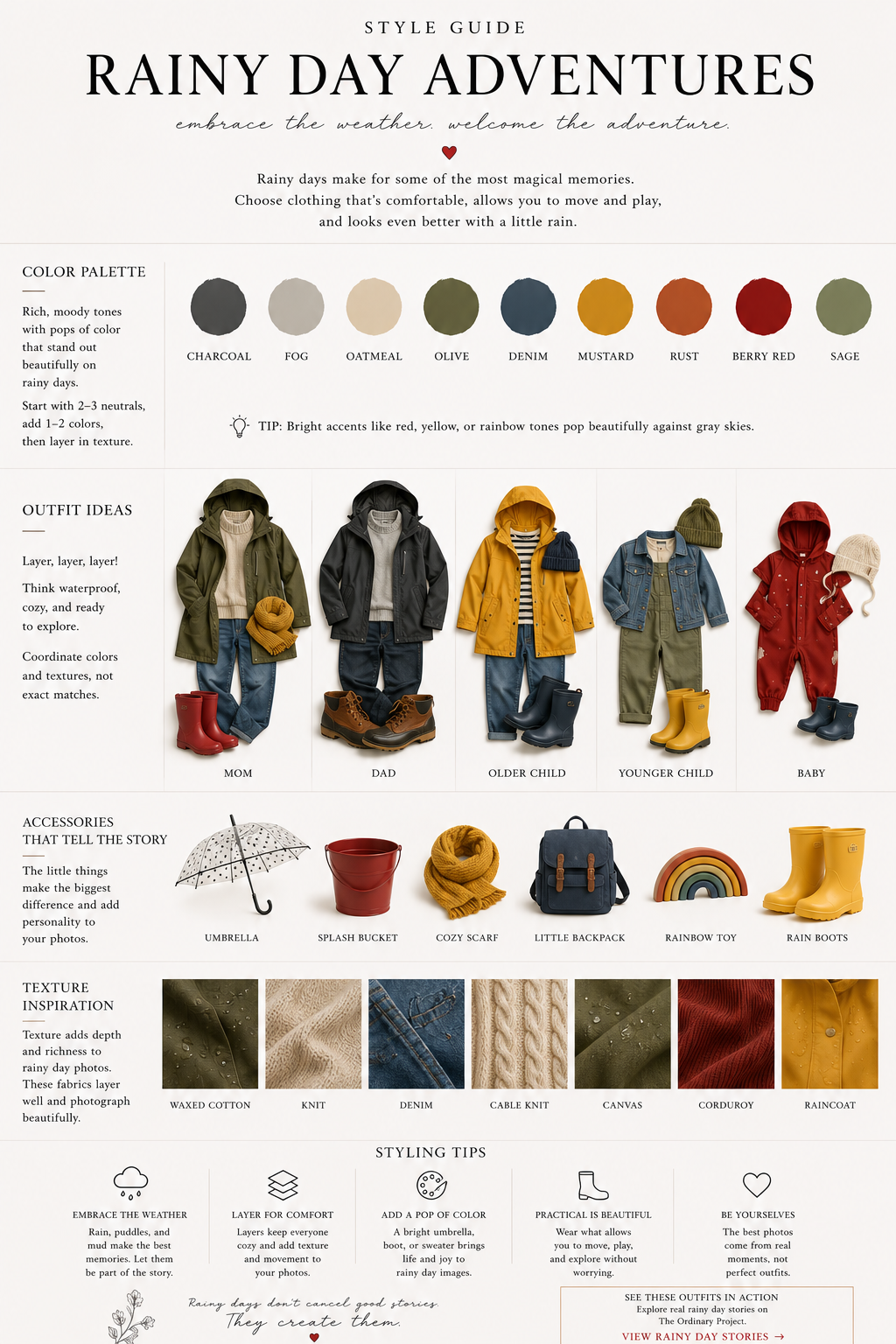 Rainy day family photo outfit ideas with rain boots and umbrellas