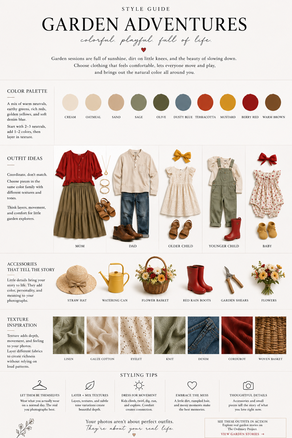 Garden family photo outfit ideas in cream red khaki and denim