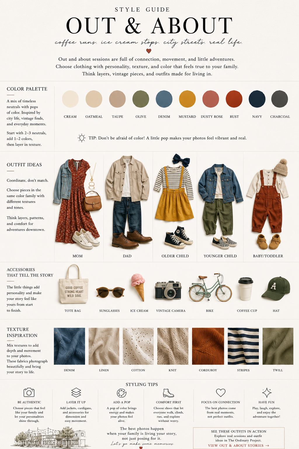 Family outfit ideas for downtown coffee shop and ice cream photo sessions