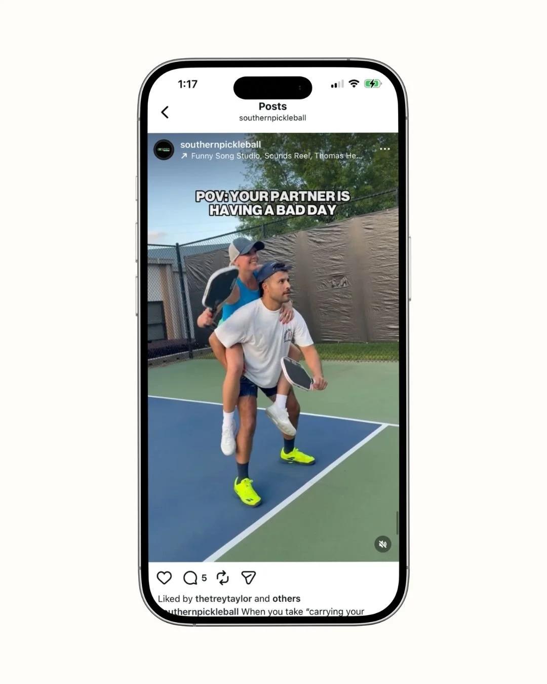 A man giving a piggyback ride to a woman on a tennis court, both holding tennis rackets, with a humorous caption about a bad day.