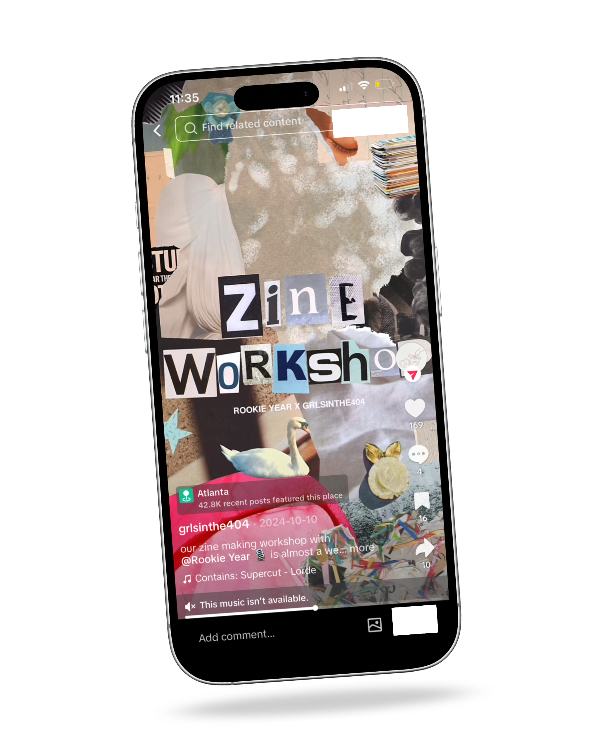 Smartphone screen showing a TikTok video about a zine making workshop, with collage-style text and images of a swan, potato chips, and art supplies on a textured background.