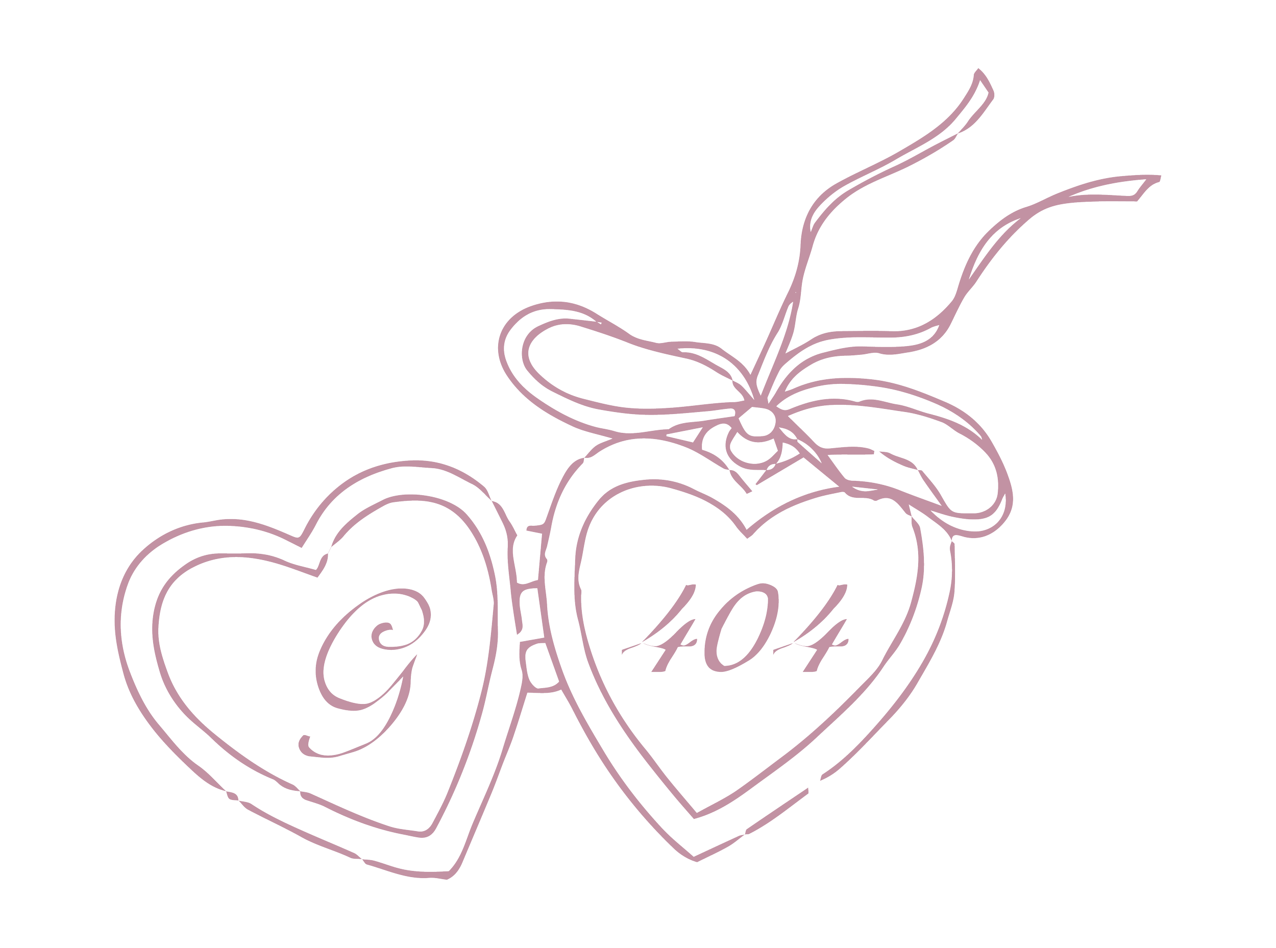 Silhouette of two heart-shaped ornaments connected by a chain; one has a letter 'g' and the other has '404', with a bow on top of the right heart, all outlined in pink on a black background.