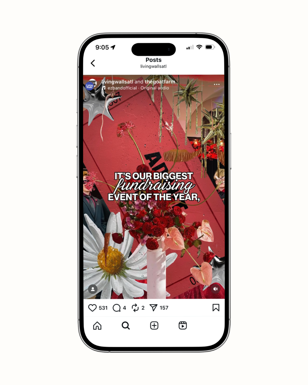 An Instagram post promoting a fundraising event with a red background and floral decorations, including daisies, roses, and anthuriums.
