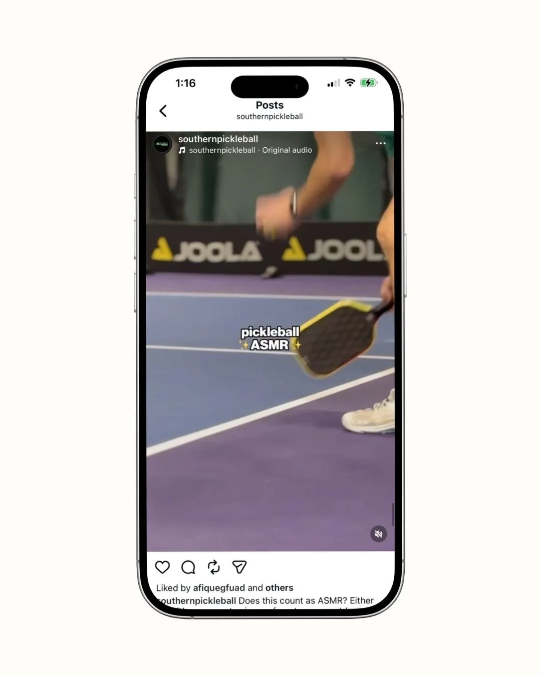A person playing pickleball on an indoor court, holding a paddle, with a barrier that has the brand name 'Joola' on it. The photo has overlay text that reads 'pickleball ASMR'.