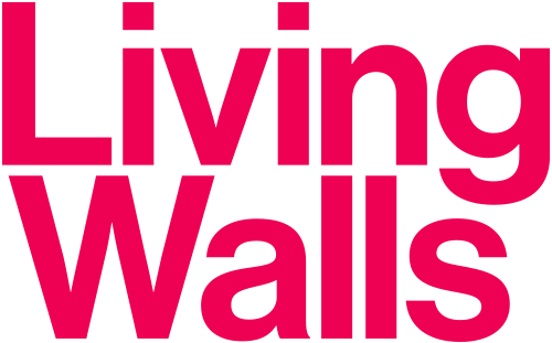 Large pink and black text reading "Living Walls" on a black background.