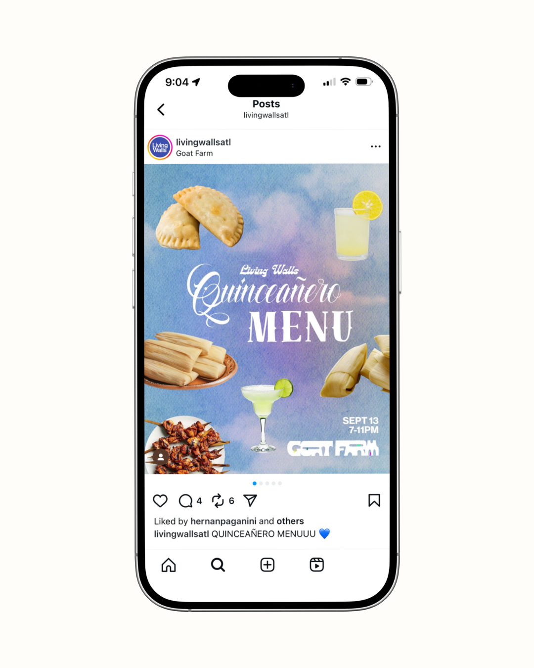 Instagram post advertising a Guacamole menu event at Goat Farm on September 13th from 7 to 11 PM with images of empanadas, tamales, chicken skewers, and drinks.