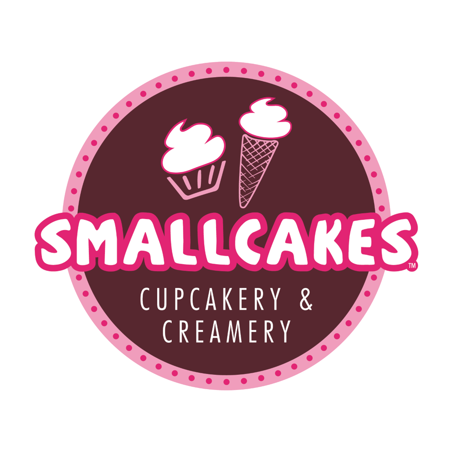 Pink and brown circular logo for Smallcakes Cupcakery & Creamery with illustrations of a cupcake and an ice cream cone at the top, and text in pink and white.