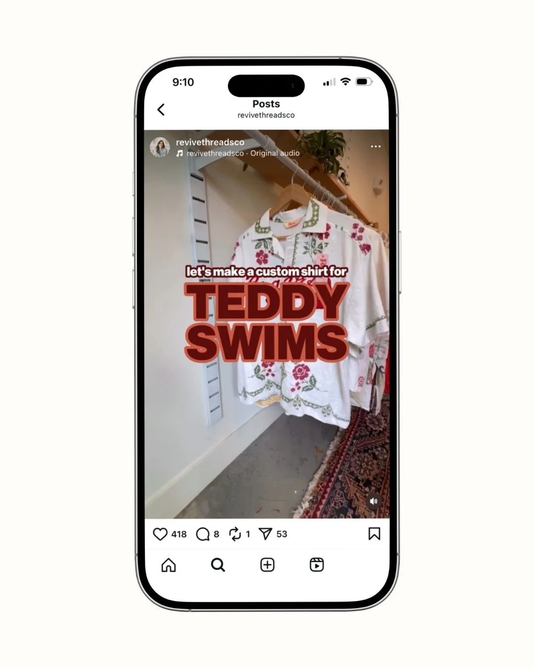 A smartphone screen displaying a social media post about making a custom shirt for Teddy Swims with a white shirt featuring embroidered floral designs hanging on a wooden hanger.
