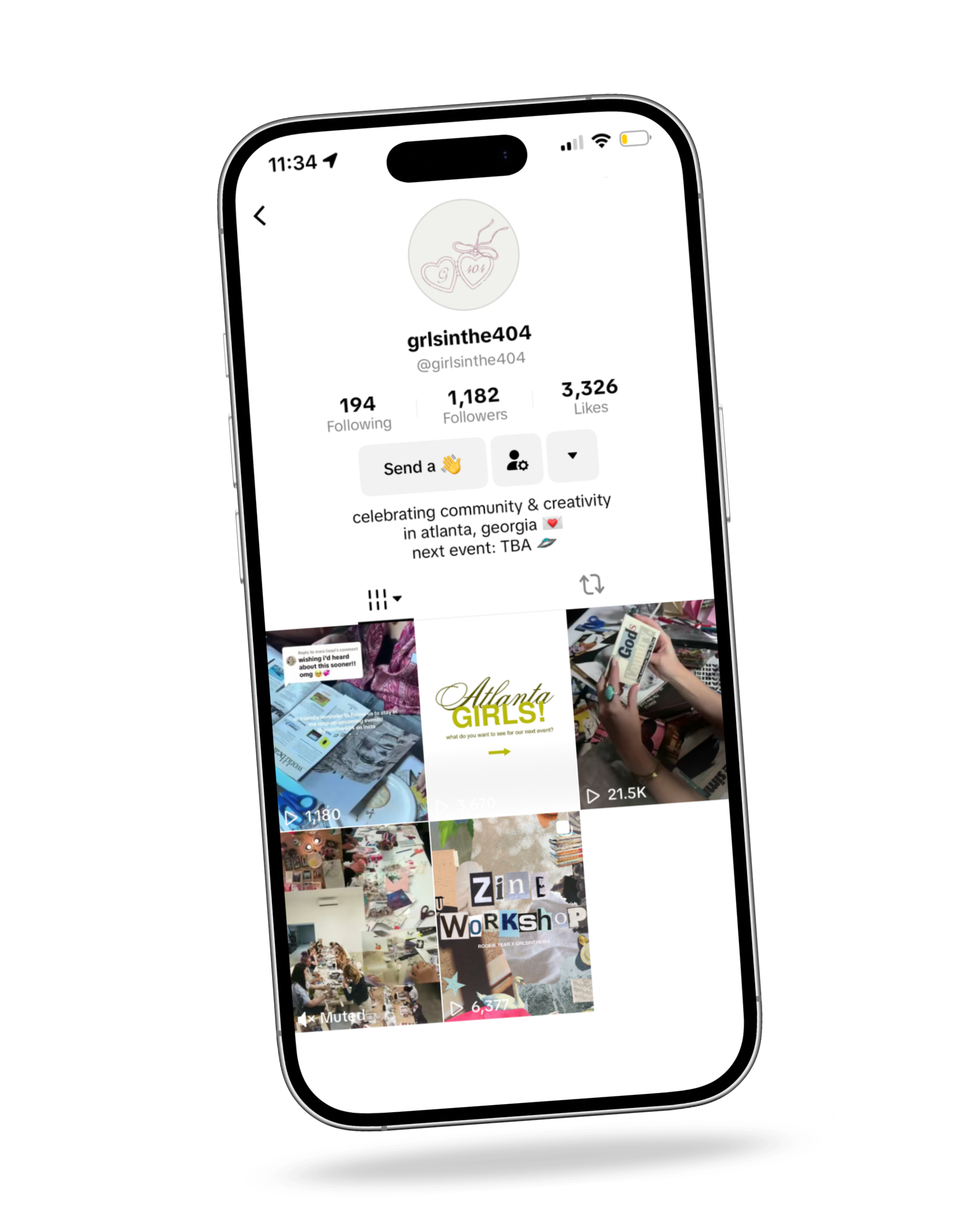 Smartphone screen displaying a TikTok profile of 'grlsinthe404' with 1,182 followers, 3,326 likes, and several video thumbnails related to community and creative events in Atlanta, Georgia.