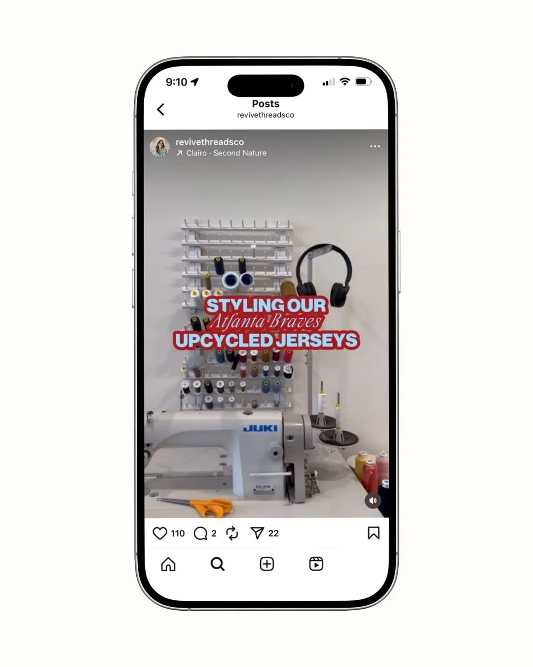A smartphone displaying an Instagram story with sewing supplies, including a Juki sewing machine, thread spools, scissors, and headphones, and text about styling upcycled jerseys for the Atlanta Braves.