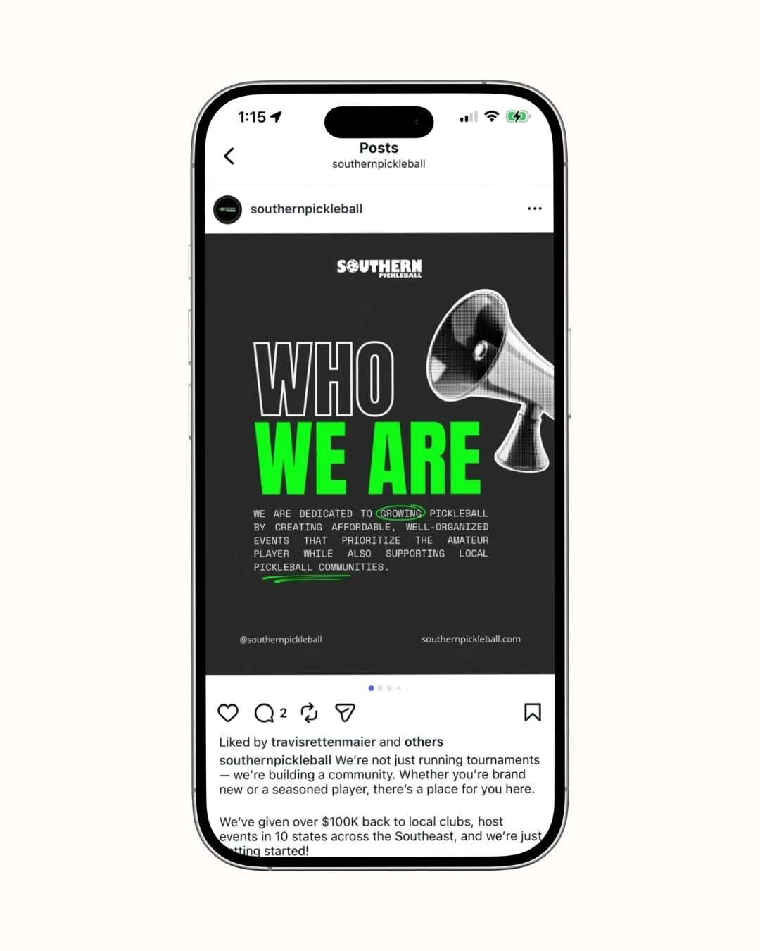 Instagram post promoting Southern Pickleball, featuring black background, bold text "WHO WE ARE" with "WE ARE" in green, and a megaphone graphic.