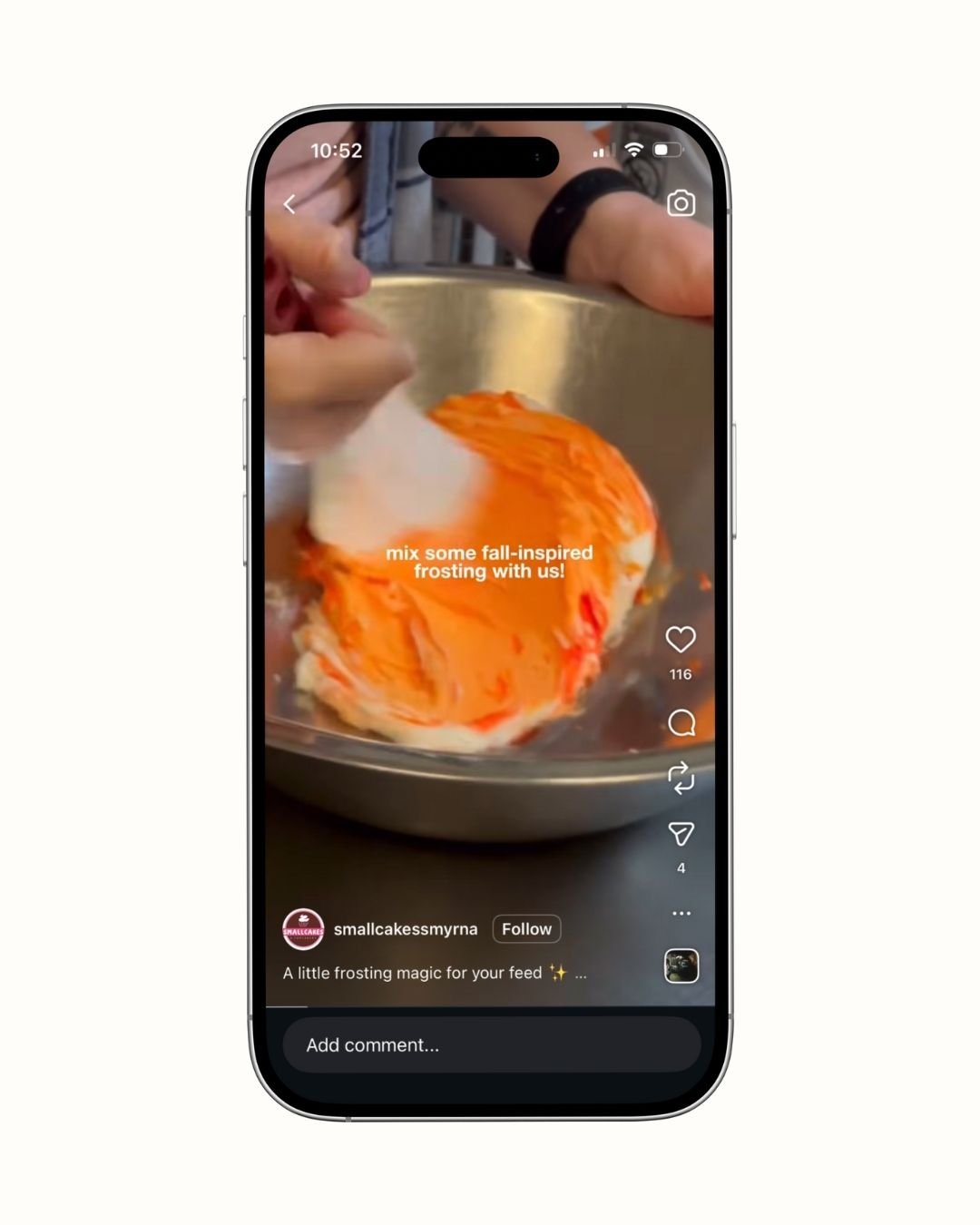 A smartphone screen showing a TikTok video of someone mixing fall-inspired frosting in a metal bowl, with text overlay 'mix some fall-inspired frosting with us!'