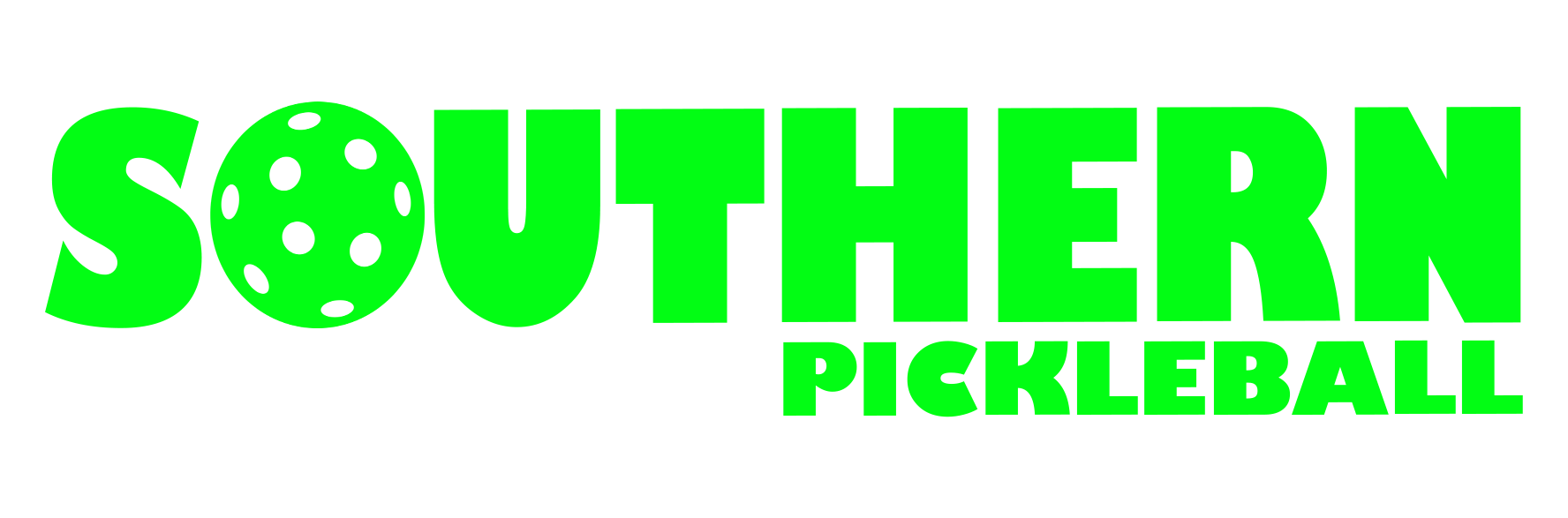 Logo for Southern Pickleball in bright green with a pickleball ball image integrated into the letter 'O' in Southern.