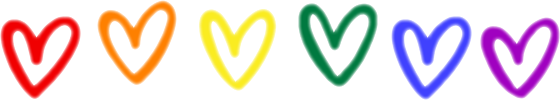 Six colorful heart outlines in red, orange, yellow, green, blue, and purple, arranged in a row.