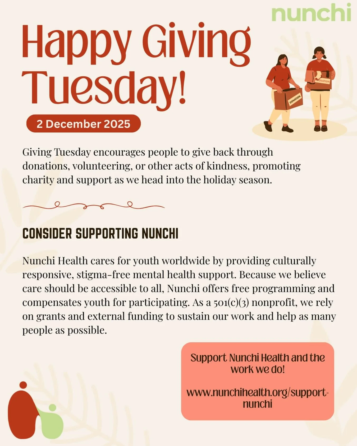 Giving Tuesday is here! ✨ 
Today we celebrate generosity and the power of community. Join us in supporting Nunchi Health as they provide free, culturally responsive mental health care for youth worldwide💛

Your can donate any time and help sustain o