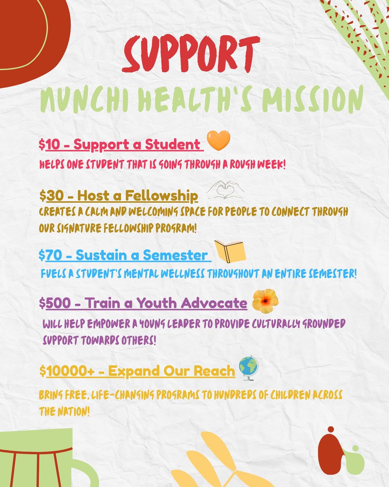 Your support fuels healing💛 
Every contribution whether it&rsquo;s $10 or $10,000 helps us create culturally grounded spaces where people feel seen, supported, and cared for. 

From uplifting one student through a hard week to expanding our programs