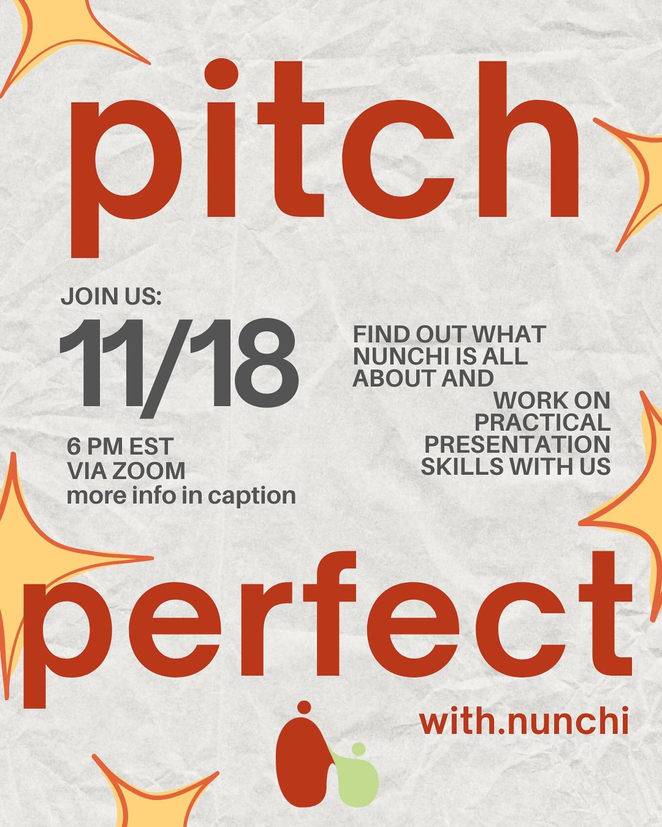 Pitch better. Speak brighter. Learn Nunchi. ✨

We&rsquo;re hosting a Pitch Perfect workshop on 11/18 where you&rsquo;ll practice real presentation skills, get supportive feedback, and get to know the mission behind Nunchi!

If you&rsquo;ve been curio