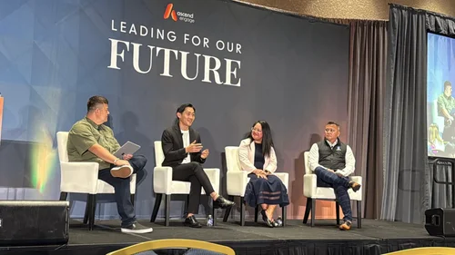 Nunchi Health's founder, Andrew Chang, speaking at a public conference event about the importance of mental health.