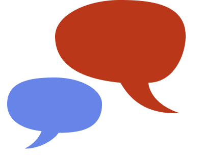 Two speech bubbles, one red and one blue, overlapping on a white background.