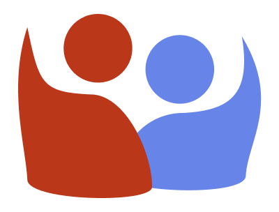 Illustration of two abstract human figures, one red and one blue, with their arms raised and touching.